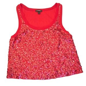 Express Tank Top Red Sequin Scoop Neck Cropped Party Club Holiday Sexy Glam XS